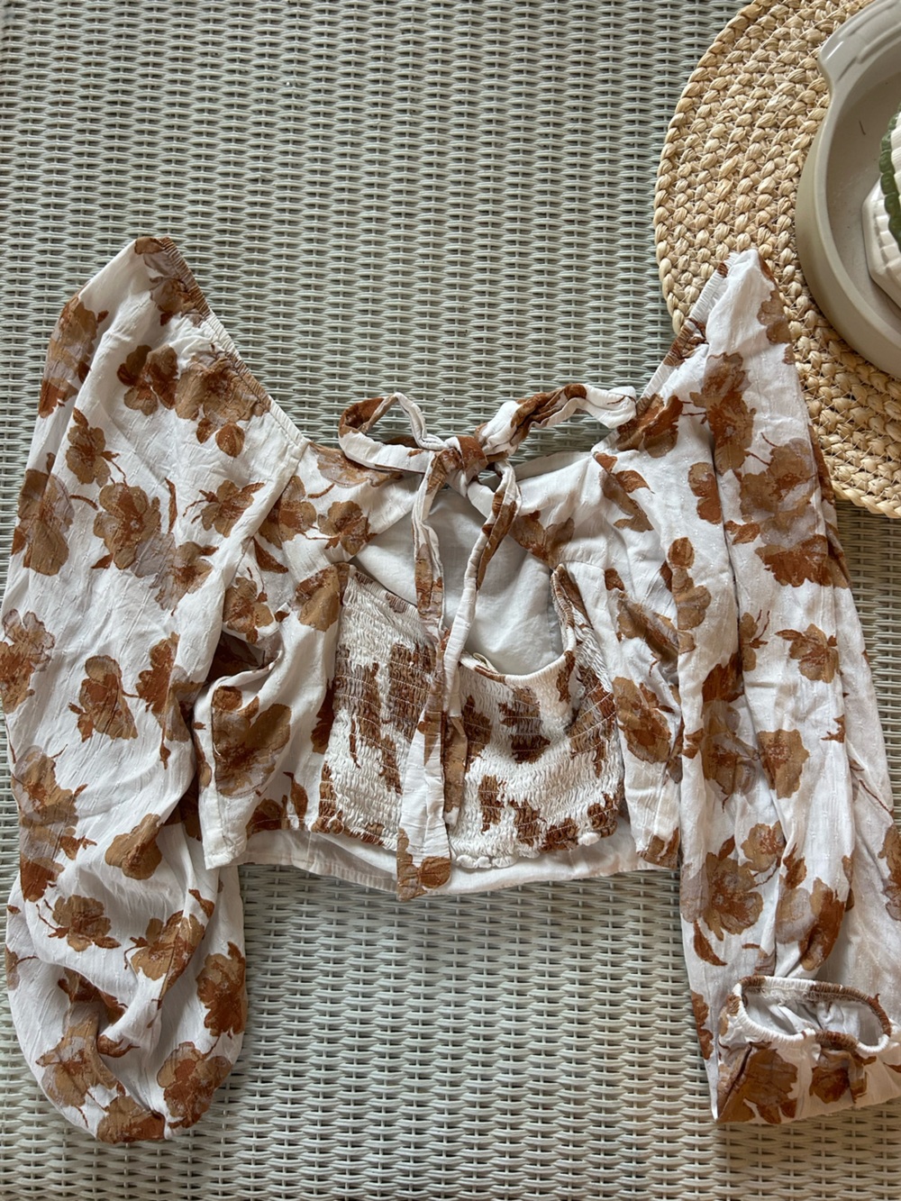 Altar'd State White Floral Puff-Sleeve Top with Brown Flowers - Picture 2 of 4